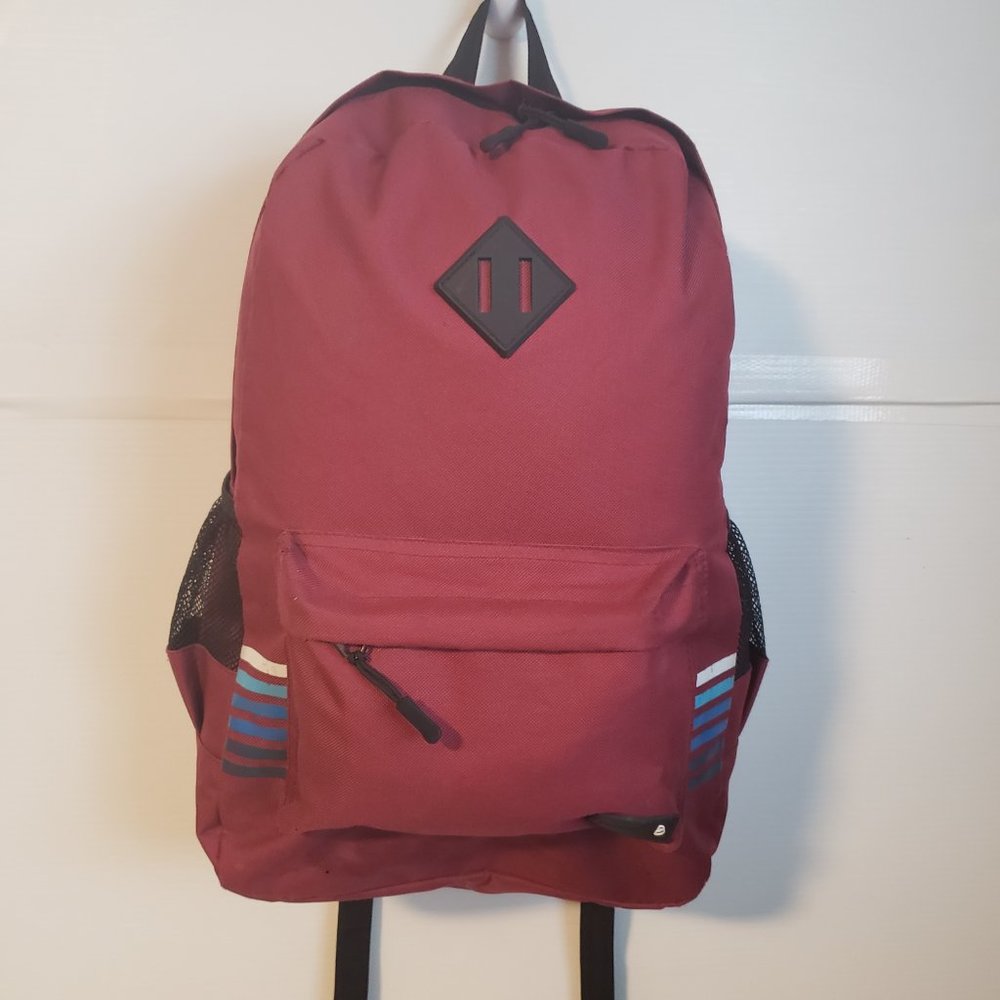 Bond Street Backpack red side stripes design white blue black pockets front hand - Picture 5 of 13